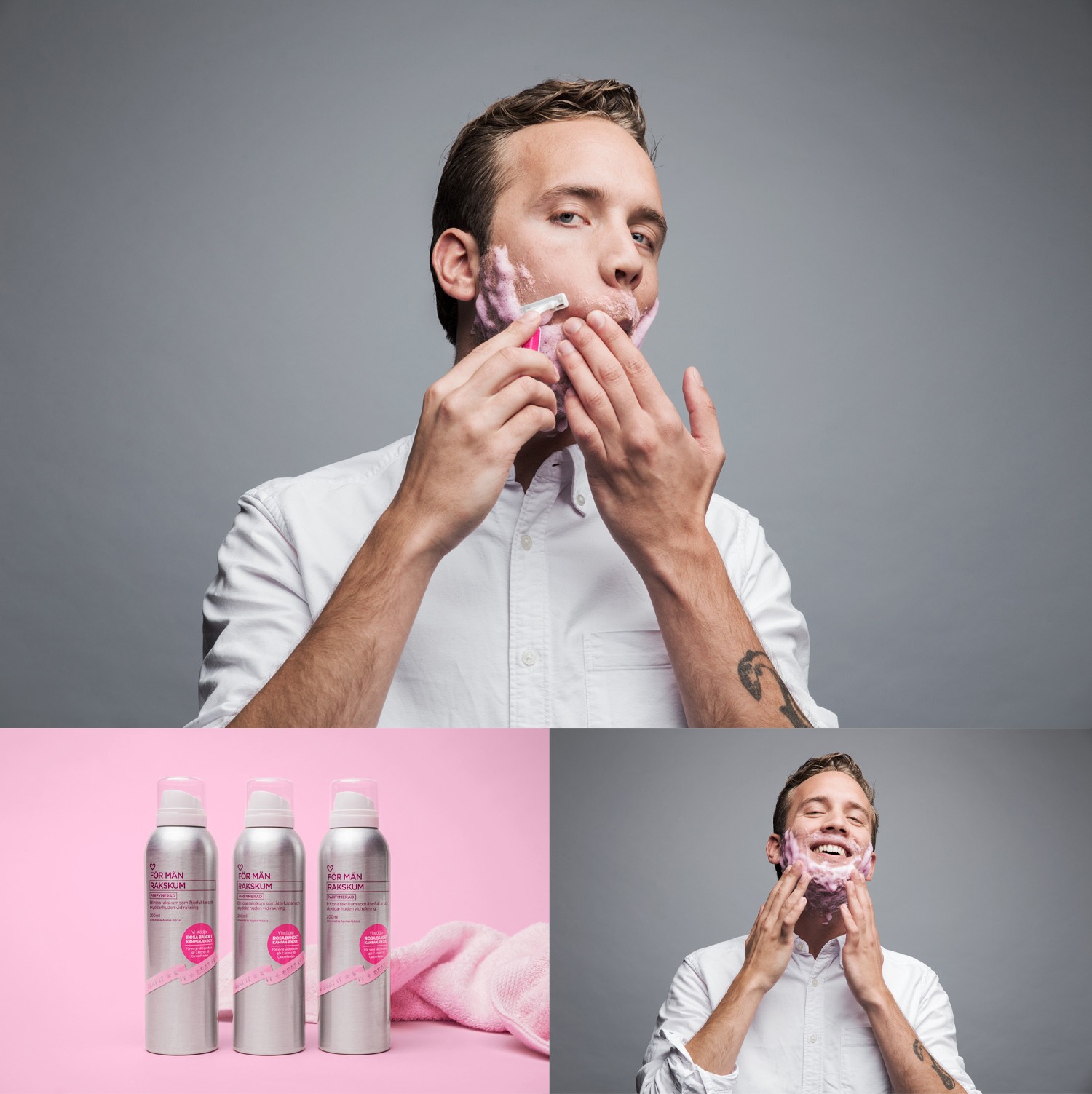 Woman doing her makeup in her bathroom, seen through the mirror and wearing white silk pyjamas.