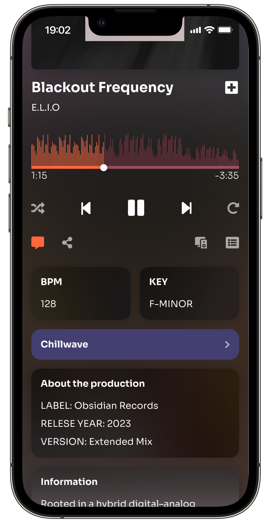 UI of now playing, showing soundbar with metadata