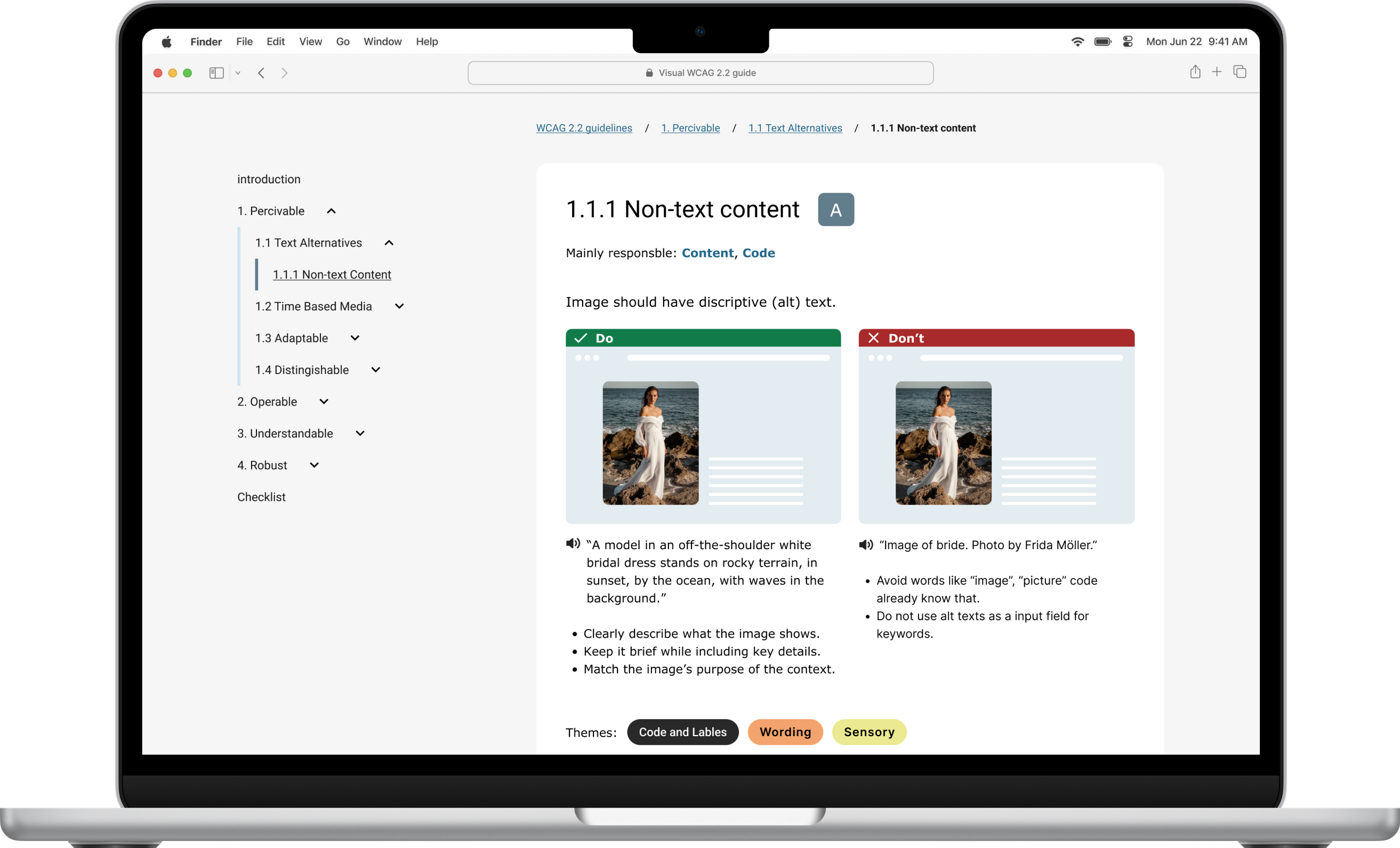 Desktop screen showing WCAG Rule 1-1-1 non-text content, with examples of do’s and don’ts on how two write alt texts.