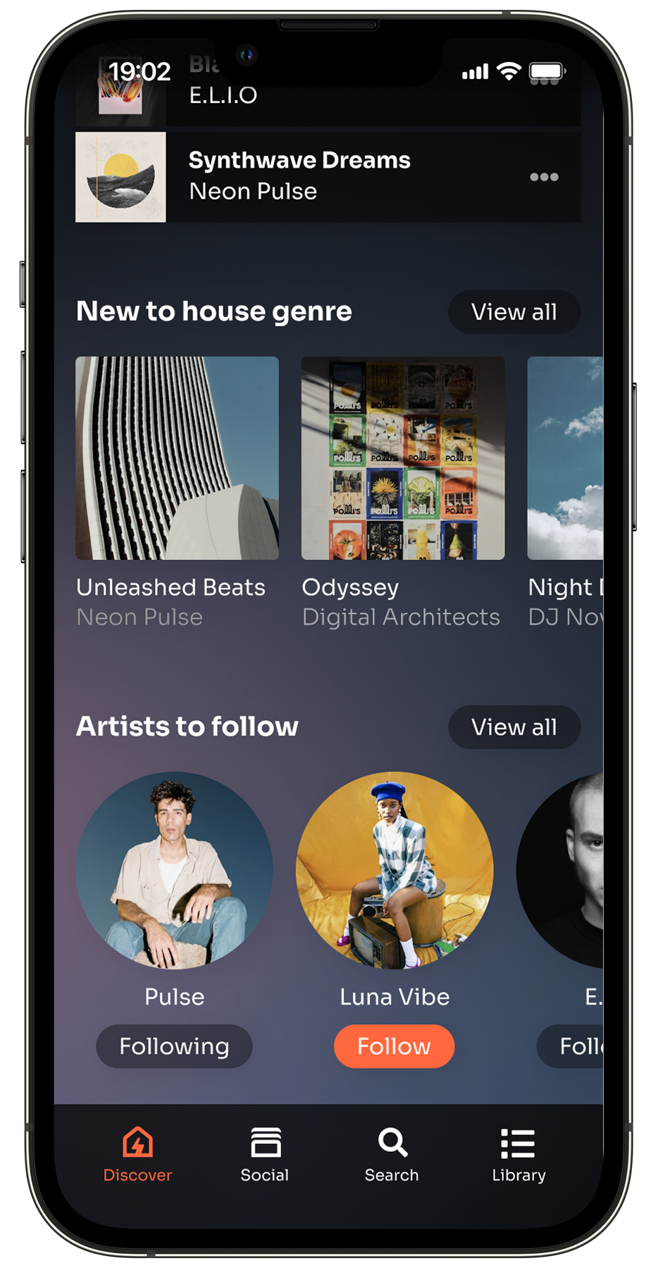 UI of discover page, showing new to house genre and artists to follow