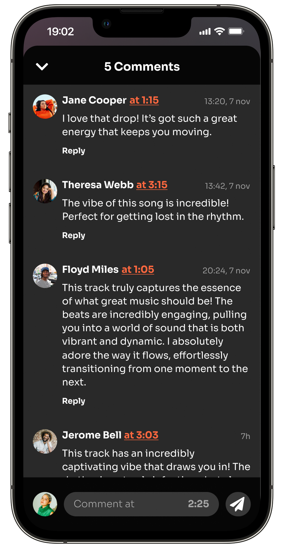 UI of how it looks when commenting on a track