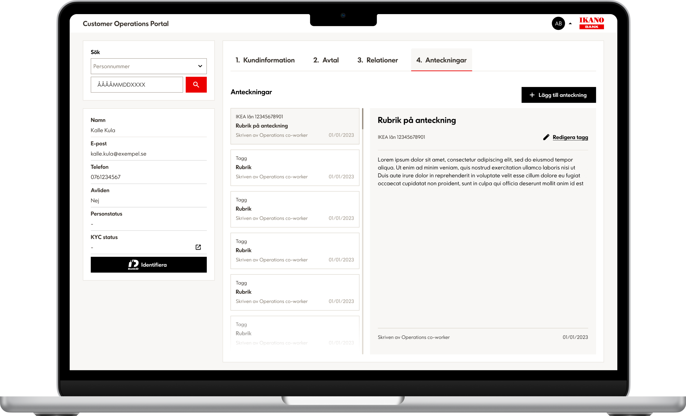 Computer screen displaying the Ikano bank internaltool, notes.