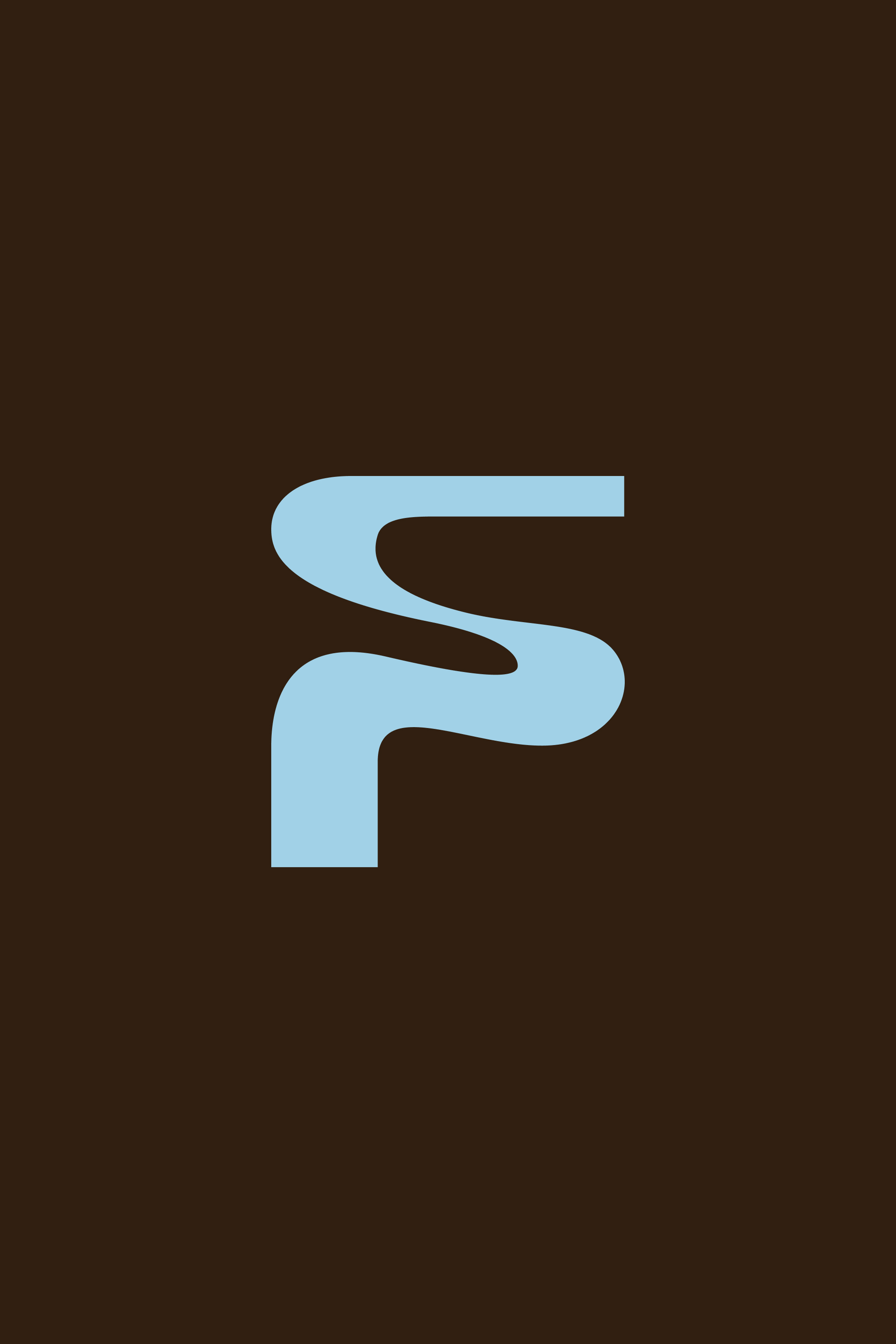 Pastel blue logo against a brown background.