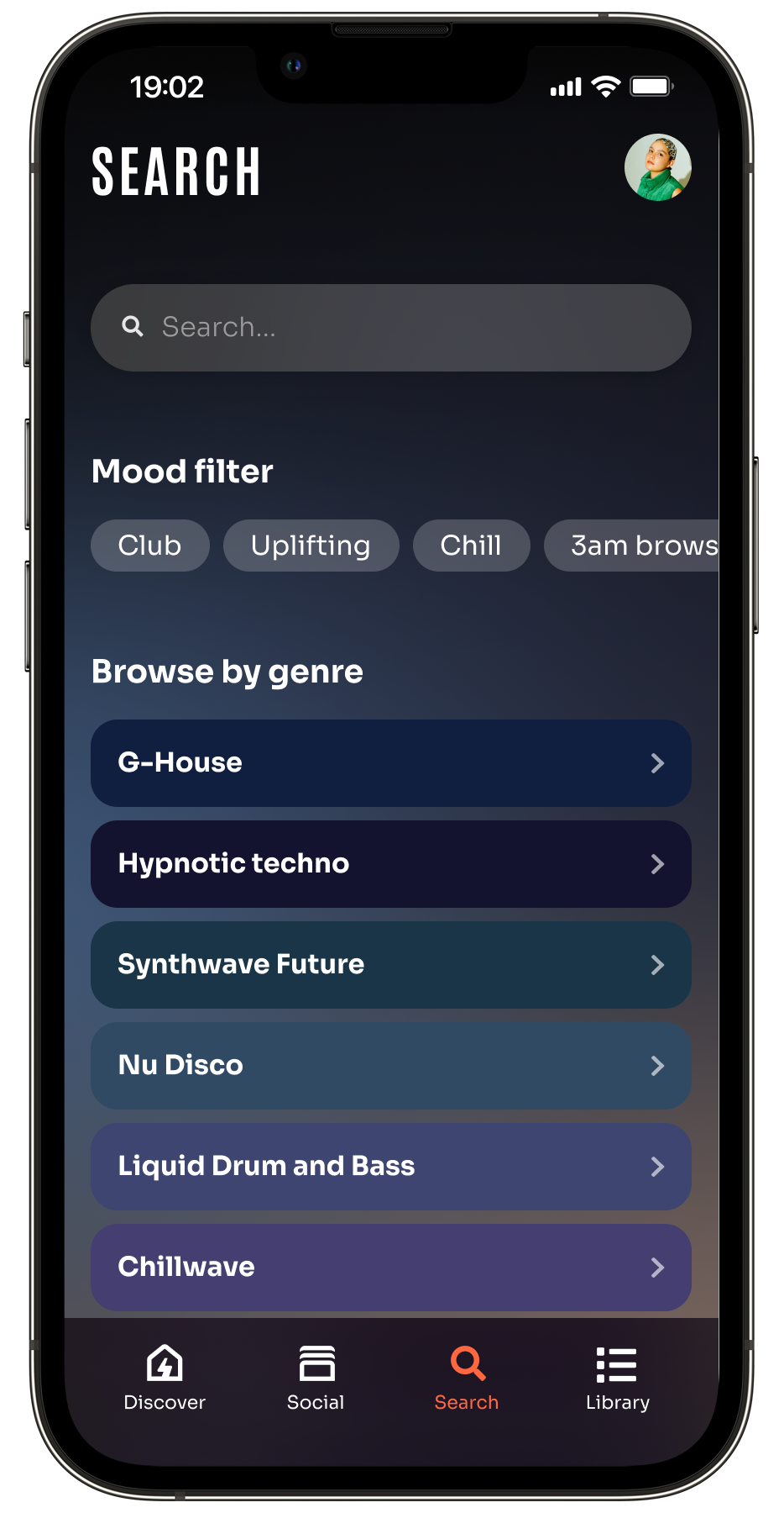 UI of the search showing tags with moodfilter and genres cards to click on.